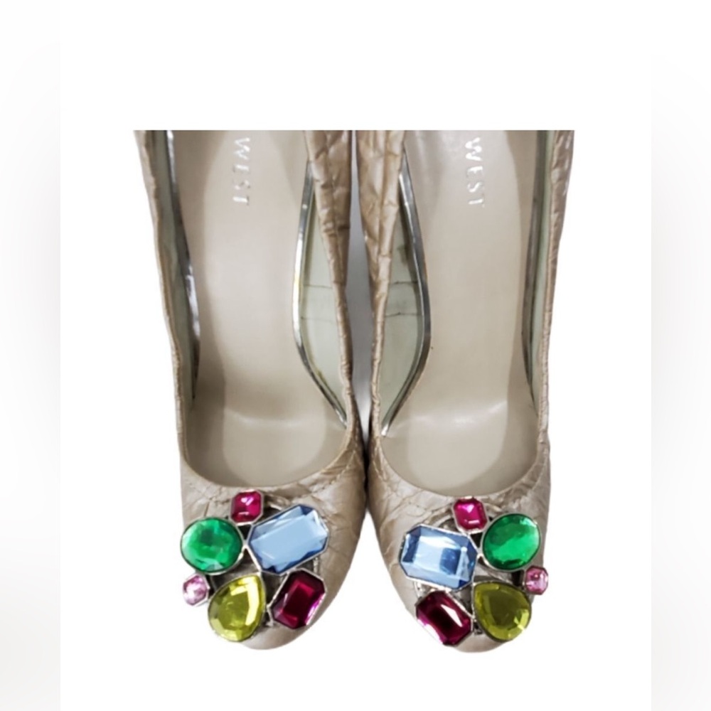 Nine West Gold Crush Leather Heels with Colorful Jewel Accents